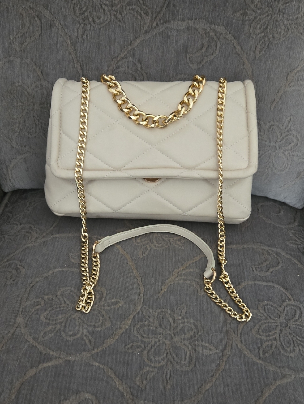 Call It Spring Cream Quilted Shoulder Bag with Gold Chain